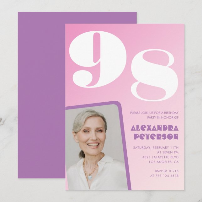 Pink Purple Gradient Photo 98th birthday Invitation (Front/Back)