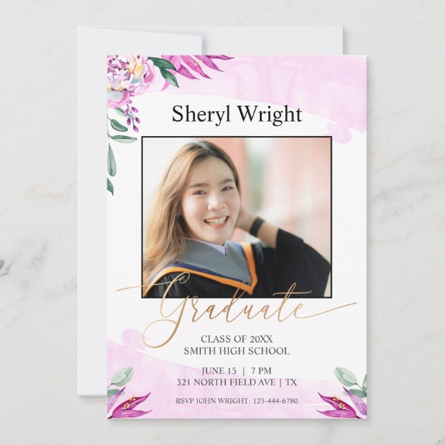 Pink Purple Graduate Photo Floral Invitation (Front)