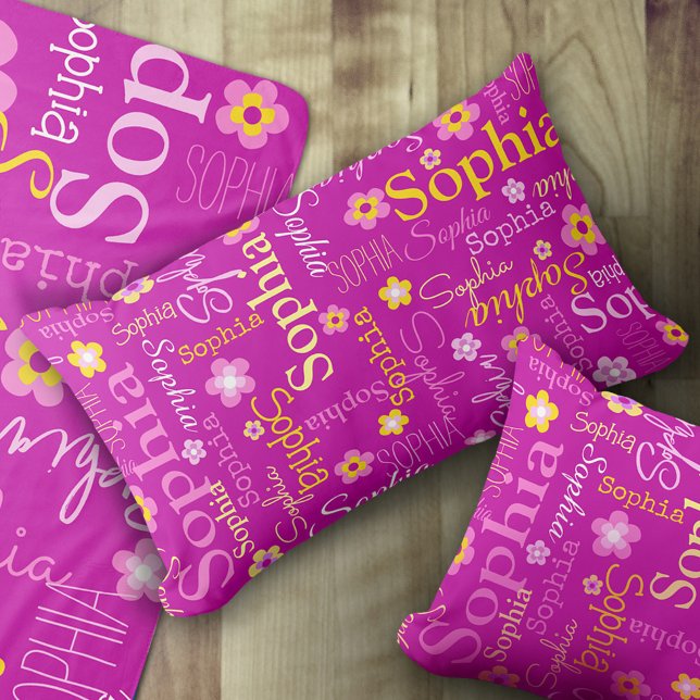 Pink purple graphic flowers text name personalize lumbar pillow (Creator Uploaded)