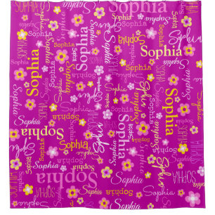 Pink purple graphic flowers text name personalize shower curtain
