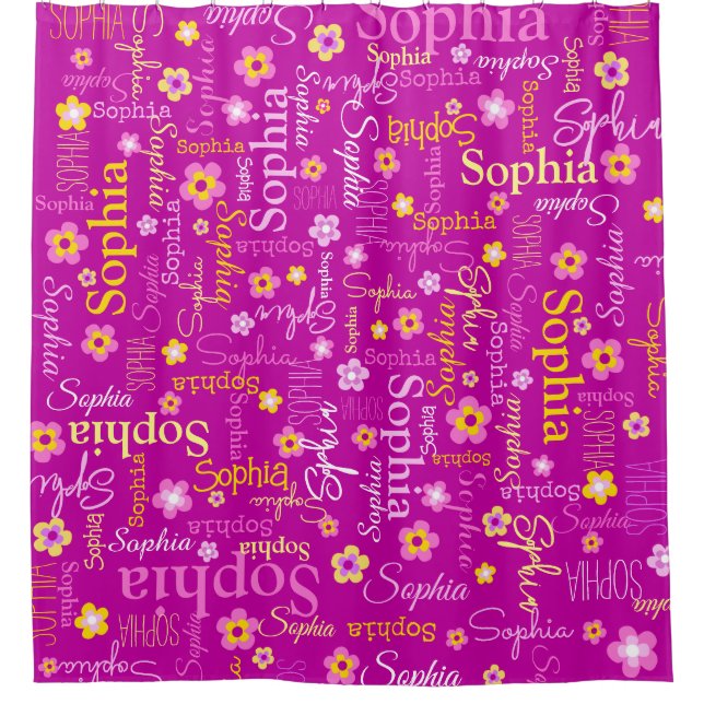 Pink purple graphic flowers text name personalize shower curtain (Front)
