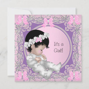 Pink Purple Gray Baby Shower Cute Baby Girl Invitation