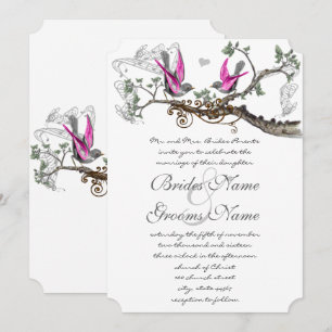 Pink Purple & Gray Vintage Birds Wedding Invitation
