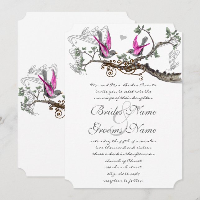 Pink Purple & Gray Vintage Birds Wedding Invitation (Front/Back)
