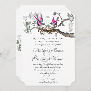 Pink Purple & Gray Vintage Birds Wedding Invitation