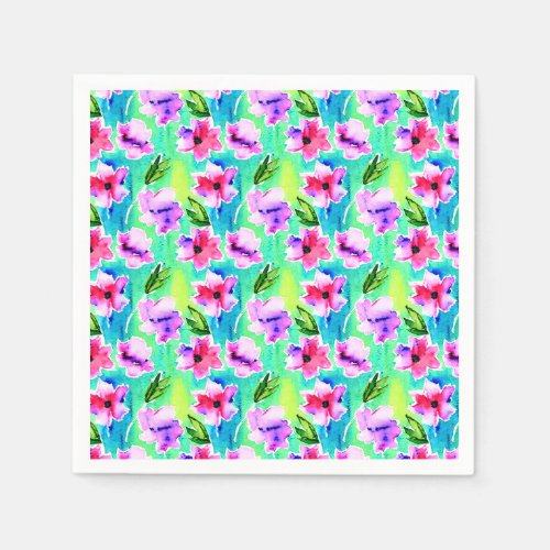 Pink Purple Green and Blue Watercolor Flowers Napkins