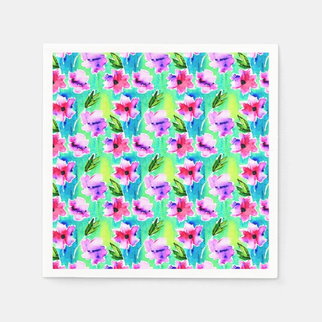 Pink, Purple, Green and Blue Watercolor Flowers Napkins (Front)