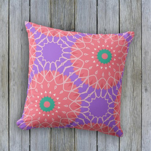 Pink Purple Green Boho Chic Artsy Mandala Pattern Outdoor Pillow