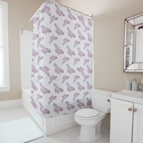 Pink Purple Green Butterfly Painting Shower Curtain