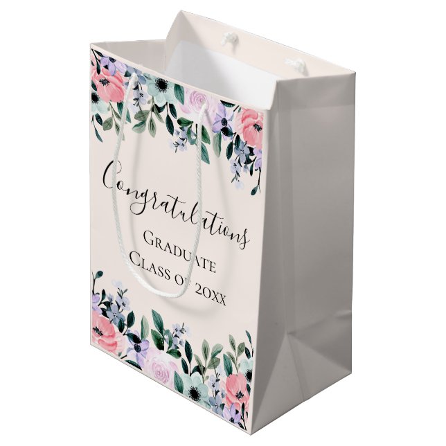 Pink Purple & Green Floral Congratulations Medium Gift Bag (Front Angled)