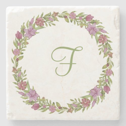 Pink Purple Green Floral Monogram Initial  Stone Coaster