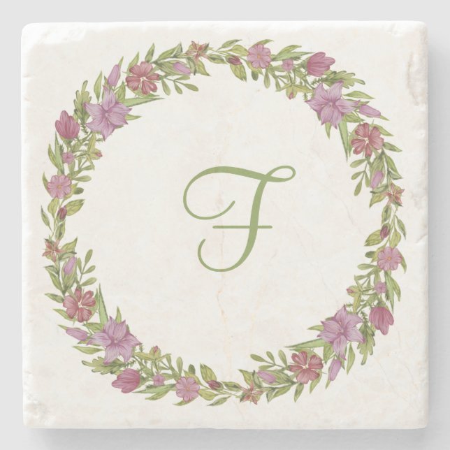 Pink Purple Green Floral Monogram Initial  Stone Coaster (Front)