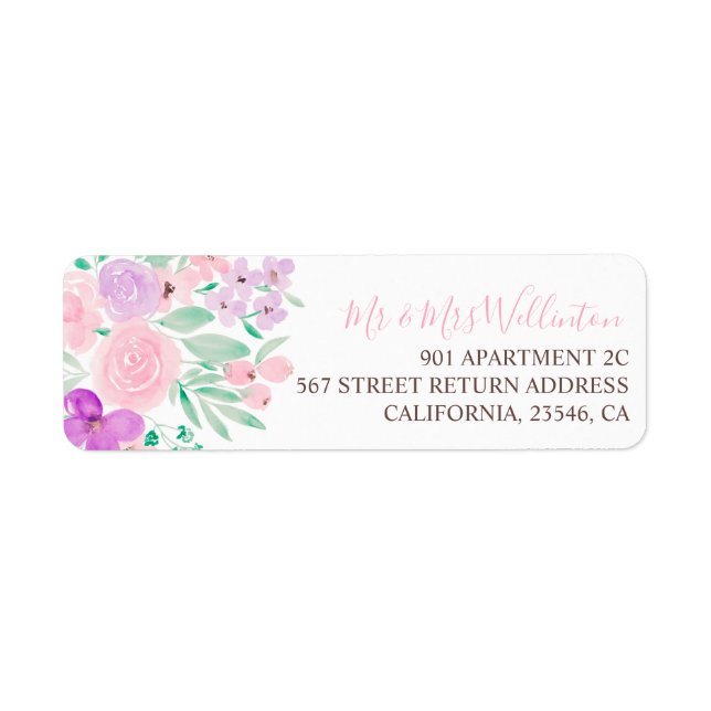 Pink purple green floral return wedding label (Front)
