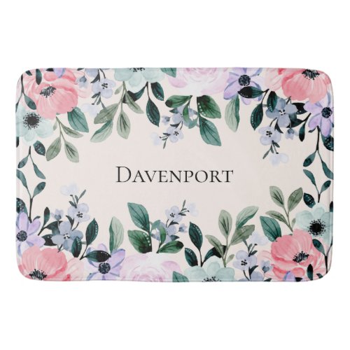 Pink Purple  Green Floral Watercolor Bath Mat