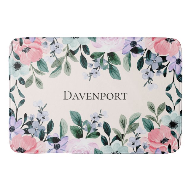 Pink Purple & Green Floral Watercolor Bath Mat (Front)