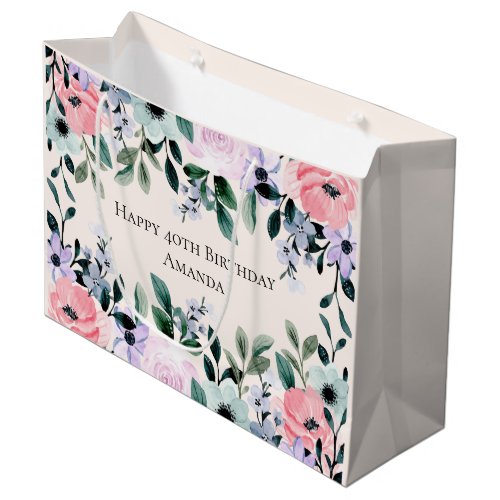 Pink Purple  Green Floral Watercolor Birthday Large Gift Bag