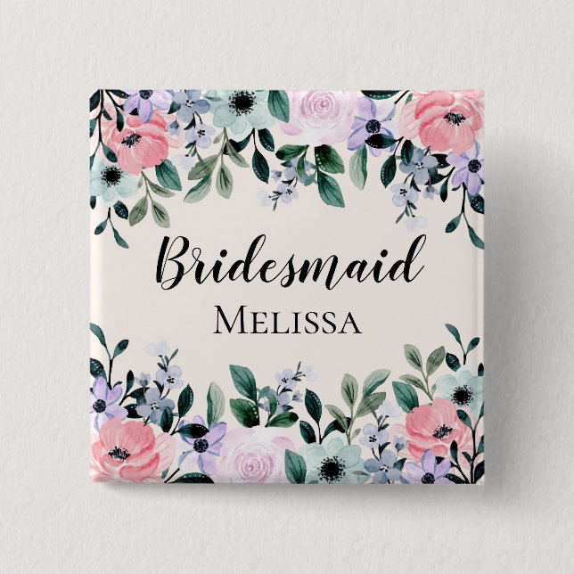 Pink Purple & Green Floral Watercolor Bridesmaid Button (Front)