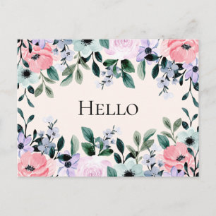 Pink Purple & Green Floral Watercolor Hello Postcard