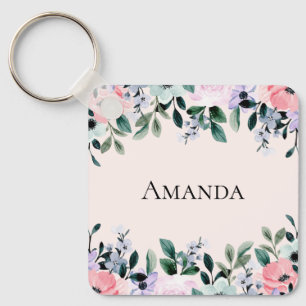 Pink Purple & Green Floral Watercolor Keychain
