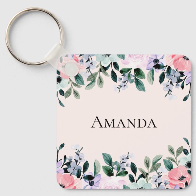 Pink Purple & Green Floral Watercolor Keychain (Front)