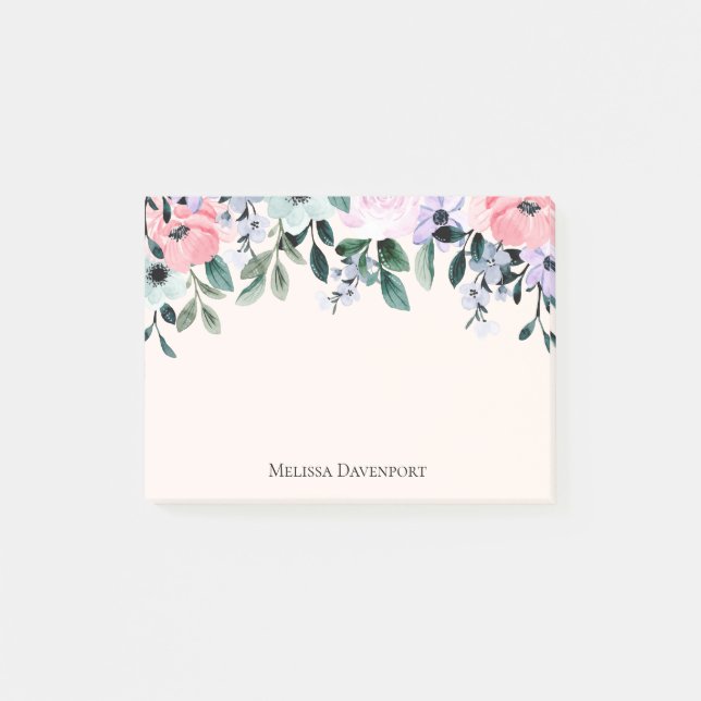 Pink Purple & Green Floral Watercolor Post-it Notes (Front)