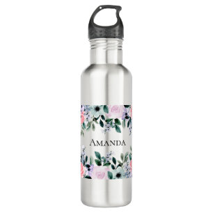Pink Purple & Green Floral Watercolor Stainless Steel Water Bottle