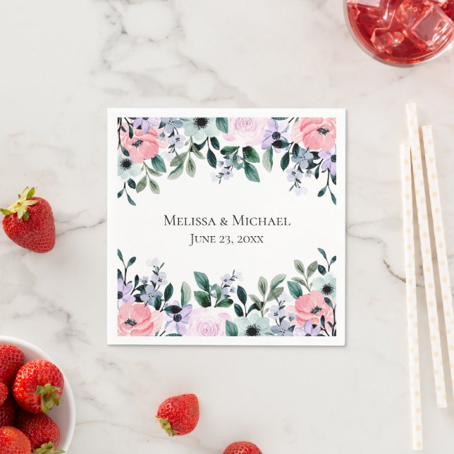 Pink Purple & Green Floral Watercolor Wedding Napkins (Insitu)