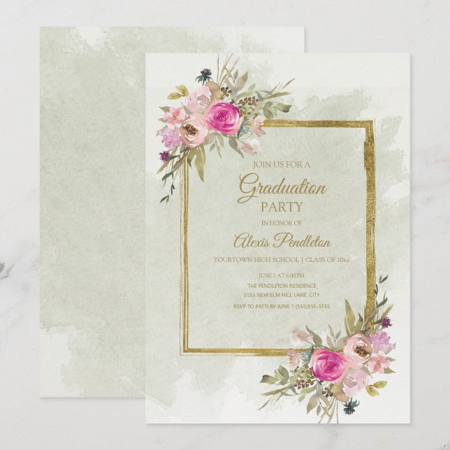 Pink Purple Green Leaves Gold Graduation Party Invitation (Front/Back)