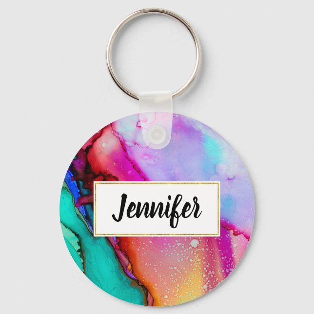 Pink Purple Green Marble Abstract Watercolor Keychain (Front)