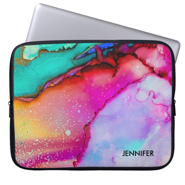 Pink Purple Green Marble Abstract Watercolor Laptop Sleeve (Front)