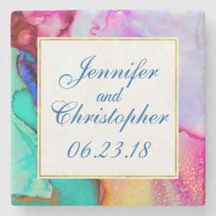 Pink Purple Green Marble Abstract Watercolor Stone Coaster