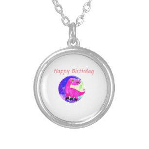 Pink purple green watercolor dinosaur birthday  silver plated necklace