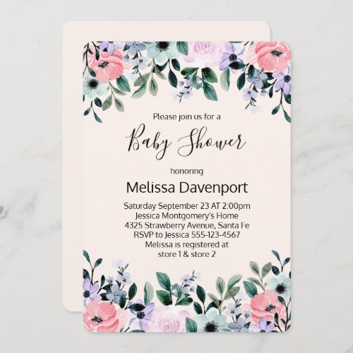 Pink Purple Green Watercolor Floral Baby Shower Invitation