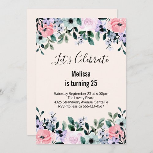  Pink Purple Green Watercolor Floral Birthday Invitation