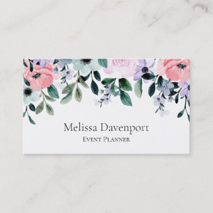 Pink Purple Green Watercolor Floral Border Business Card