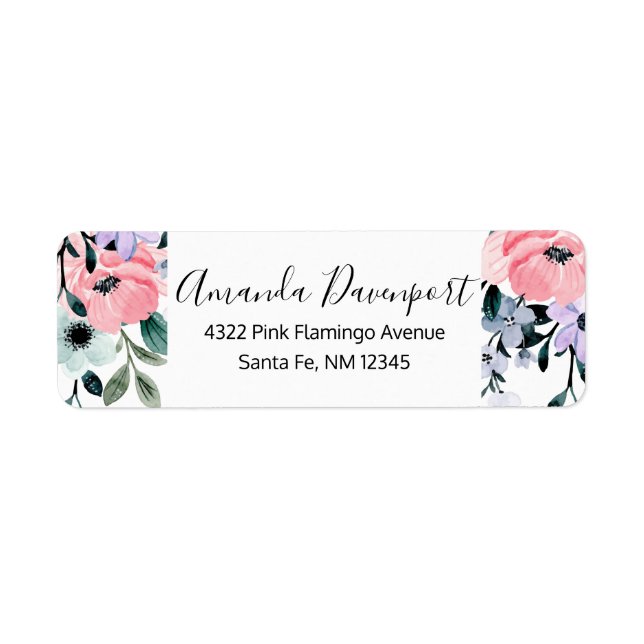 Pink Purple & Green Watercolor Floral Border Label (Front)
