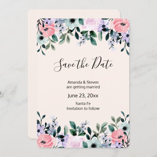 Pink Purple Green Watercolor Floral Border Save The Date