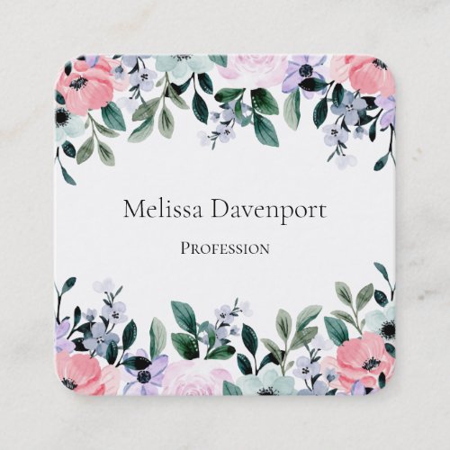 Pink Purple Green Watercolor Floral Border Square Business Card