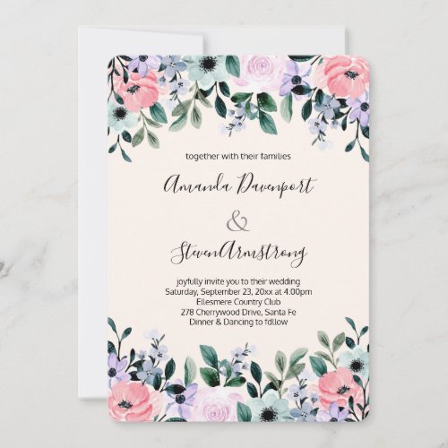 Pink Purple Green Watercolor Floral Border Wedding Invitation