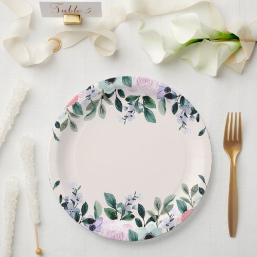 Pink Purple  Green Watercolor Floral Paper Plates