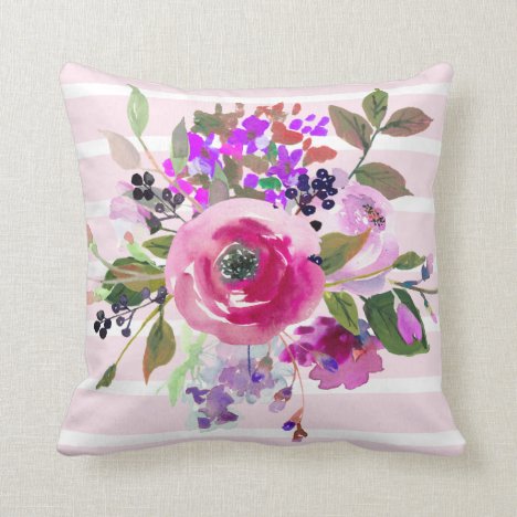 Pink Purple Green Watercolor Floral Pink Stripes Throw Pillow