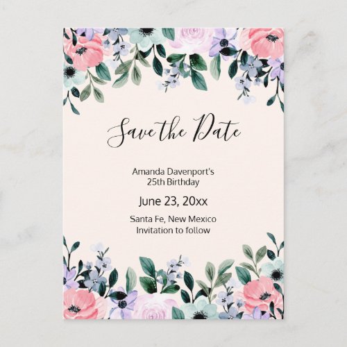 Pink Purple Green Watercolor Floral Save the Date Invitation Postcard