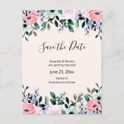 Pink Purple Green Watercolor Floral Save the Date Invitation Postcard