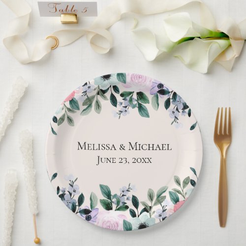 Pink Purple  Green Watercolor Floral Wedding Paper Plates