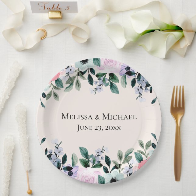 Pink Purple & Green Watercolor Floral Wedding Paper Plates (Wedding)