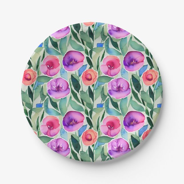 Pink, Purple, Green Watercolor Flowers Paper Plates (Front)