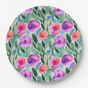 Pink, Purple, Green Watercolor Flowers Paper Plates
