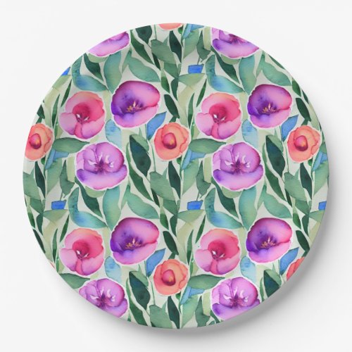 Pink Purple Green Watercolor Flowers Paper Plates