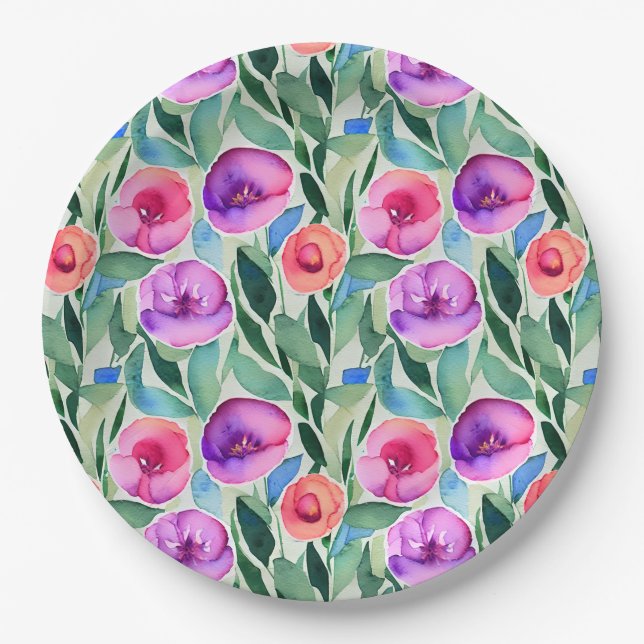 Pink, Purple, Green Watercolor Flowers Paper Plates (Front)
