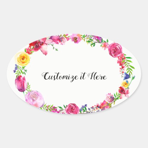 Pink Purple Greenery Spring Flowers Floral Modern Oval Sticker